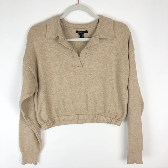 Forever 21 Long Sleeve Cropped Beige Collared Sweater - Picture 1 of 8